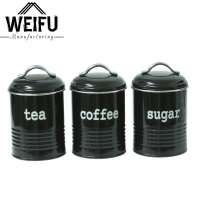 Set of 3 Black Tea Coffee Sugar Kitchen Air Tight Storage Jars Tin Canisters